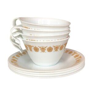 VTG Corelle Butterfly Gold White Coffee Mugs & Saucers Set 8pc MCM Collectible